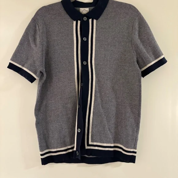 J. Crew Cotton Bird's-Eye Short-Sleeve Polo Sweater in Navy - Size Medium - Picture 2 of 4
